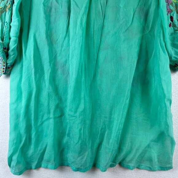 Johnny Was Embroidered Floral Tunic Top Green Boho V-Neck Tie Sleeve Womens M - Picture 11 of 12